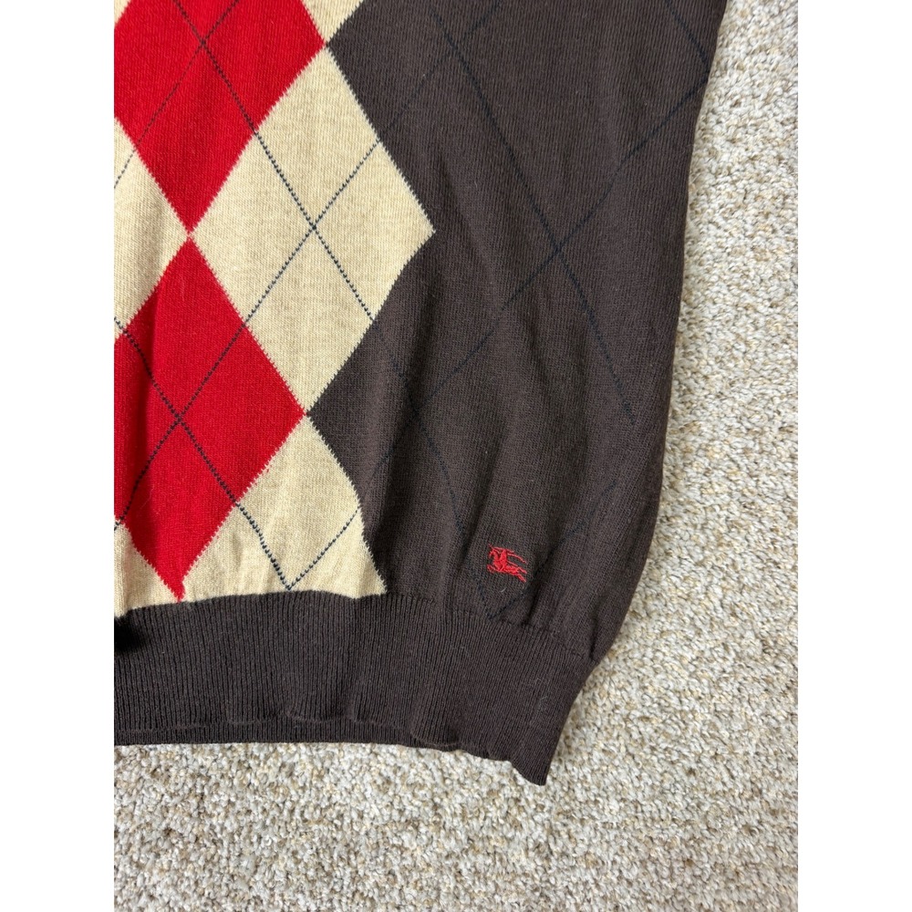 Burberry London Mens Argyle V-Neck Sweater Brown Red Tan Made in Italy Small - Picture 7 of 7